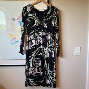 Club Monaco navy floral long sleeve midi with ruffle trim size 4
